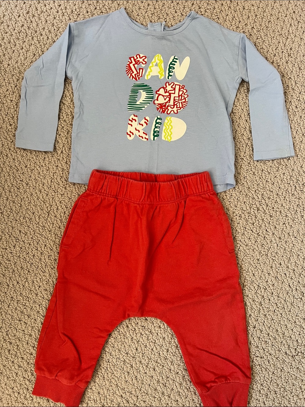 Open Edit Can Do Kid Blue Long Sleeve Top with Red Jogger Pants